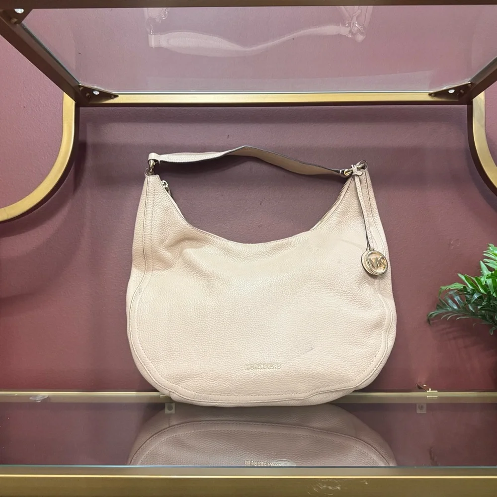 Michael Kors Lydia Pebbled Leather Chain Shoulder Hobo Bag Blush Beige
